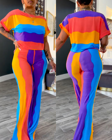 Rainbow Stripe Print Short Sleeve Top and Casual Striped Pants Set